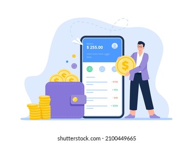 Sending and receiving payment with a smartphone. Capital flow, earning, and spending money. Digital bank or electronic wallet phone app, mobile money transactions concept. Vector flat illustration.