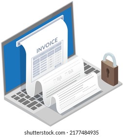 Sending and receiving payment using electronic invoice. Financial accounting report. Concept of electronic bill and online bank, laptop with check tape. Payment by means of payments electronic online