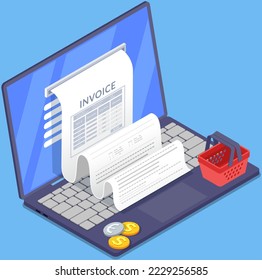 Sending and receiving payment using electronic invoice. Financial accounting report. Concept of electronic bill and online bank, laptop with check tape. Payment by means of payments electronic online