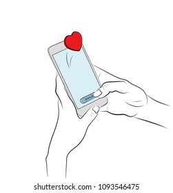 sending sms (like) from the phone. Hands hold the phone. vector illustration.