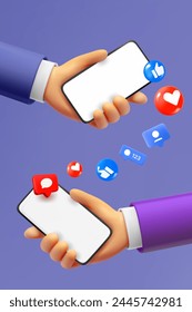 Sending social media content with two smartphones. 3d vector illustration
