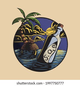 Sending SOS Cartoon Illustration Logo ,this picture tells about someone who is asking for help by sending s.o.s in a bottle on a deserted island at night ,this image is suitable for t-shirt and poster