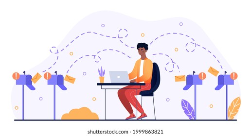 Sending spam and advertising messages, Internet marketing. A spammer sits at his workplace and sends letters to users emails. Modern flat cartoon vector illustration