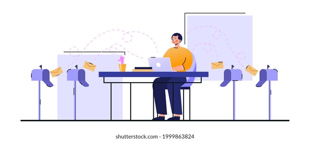 Sending spam and advertising messages, Internet marketing. A spammer sits at his workplace and sends letters to users emails. Modern flat cartoon vector illustration