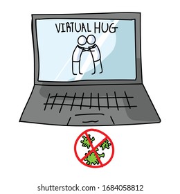 Sending virtual hug corona virus crisis banner on laptop. Defeat sars cov 2 stay home infographic. Social media love. Viral pandemic support message. Outreach get through together sticker vector. 