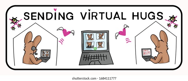 Sending virtual hug for corona virus crisis cute bunny laptop. Defeat corvid 19 stay home infographic. Social media love. Viral pandemic support message. Outreach get through together sticker vector. 