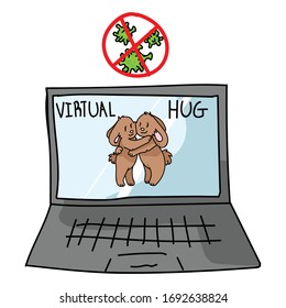 Sending virtual hug corona virus cute bunny on laptop. Stay home infographic. Social media love. Viral pandemic support message. Outreach sticker vector.