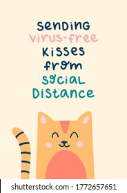 Sending virus-free kisses from social distance - hand drawn lettering quote for quarantine birthday greeting card, posters, cards and wall art. Vector design.
