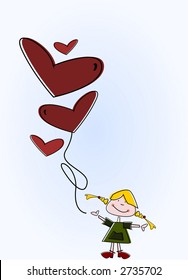 Sending you heartfelt greetings! - Little girl with balloons (vector)