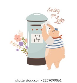Sending you love. Cute bear sending love letter by mail. Valentine's day card concept. Vector Illustration