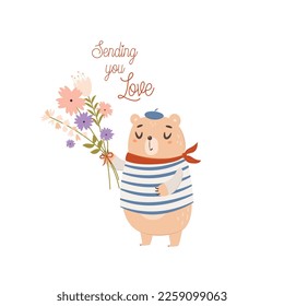 Sending you love. Cute bear with flowers. Valentine's day card concept. Vector Illustration