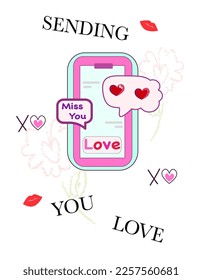 Enviarte amor. Teléfono vectorial de ilustración romántica con mensaje, iconos y emoji. Pantalla táctil de dedo. Concepto de redes sociales. Concepto de comunicación sobre fondo blanco.