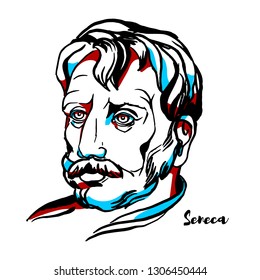 Seneca engraved vector portrait with ink contours. Roman rhetorician and writer, born of a wealthy equestrian family of Cordoba, Hispania.