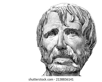 Seneca. Lucius Aneu Seneca. Portrait of a 1947 five pesetas banknote from Spain. Famous lawyer, writer and intellectual of the Roman Empire. Vector illustration.