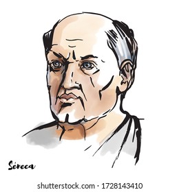 Seneca watercolor vector portrait with ink contours. Also known as Seneca the Younger or simply Seneca, was a Roman Stoic philosopher, statesman, dramatist, and satirist.