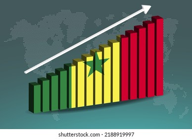 Senegal 3D bar chart graph vector, upward rising arrow on data, country statistics concept, Senegal country flag on 3D bar graph, increasing values, news banner idea