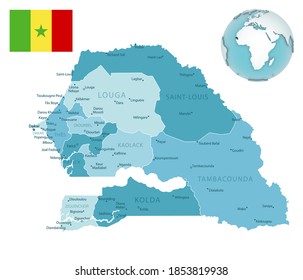 Senegal administrative blue-green map with country flag and location on a globe. Vector illustration