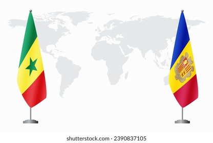Senegal and Andorra flags for official meeting against background of world map.