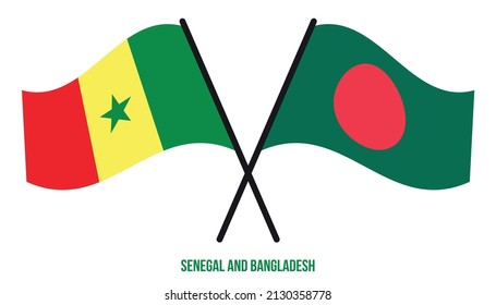 Senegal and Bangladesh Flags Crossed And Waving Flat Style. Official Proportion. Correct Colors.