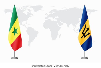 Senegal and Barbados flags for official meeting against background of world map.