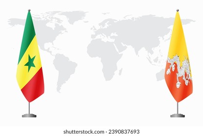 Senegal and Bhutan flags for official meeting against background of world map.