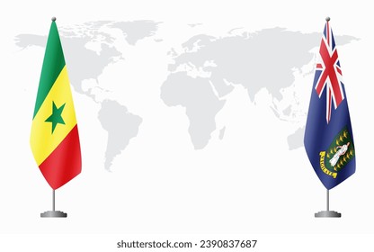 Senegal and British Virgin Islands flags for official meeting against background of world map.