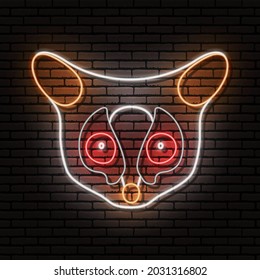 The Senegal bushbaby, Galago senegalensis, the head of an animal in the form of a neon sign. Vector image. Against the background of a brick wall with a shadow.