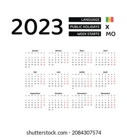 Senegal Calendar 2023. Week starts from Monday. Vector graphic design. French language.