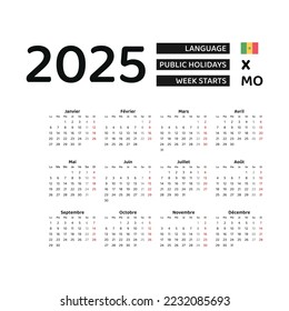 Senegal Calendar 2025. Week starts from Monday. Vector graphic design. French language.
