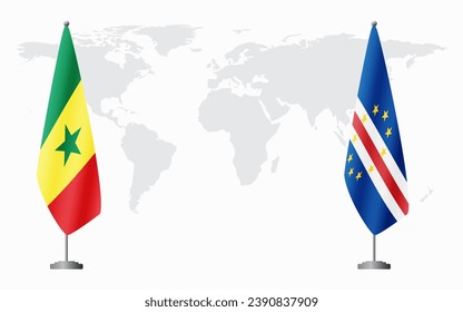 Senegal and Cape Verde flags for official meeting against background of world map.