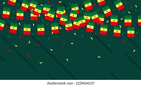 Senegal celebration bunting flags with confetti and ribbons on green background. vector illustration.