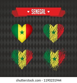 Senegal. Collection of four vector hearts with flag. Heart silhouette
