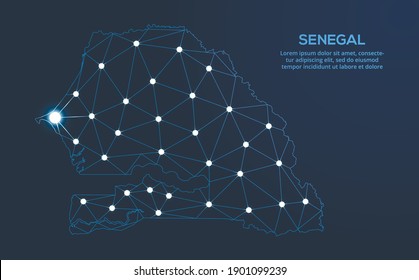 Senegal communication network map. Vector low poly image of a global map with lights in the form of cities. Map in the form of a constellation, mute and stars.