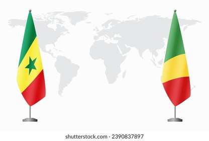 Senegal and Congo Brazzaville flags for official meeting against background of world map.