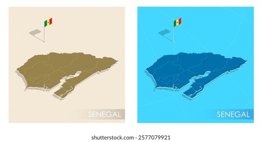 Senegal country flag installed on geographic positioning map point of country territory. Senegalese commonwealth banner on land and sea. Festive patriotic HD format template for independence day