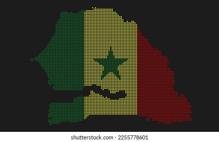 Senegal dotted map flag with grunge texture in mosaic dot style. Abstract pixel vector illustration of a country map with halftone effect for infographic. 