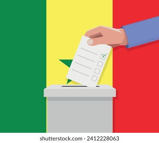 Wahlkonzept für Senegal. Hand legt Wahlzettel in die Abstimmungsbox.