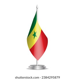 Senegal flag - 3D mini flag hanging on desktop flagpole. Usable for summit or conference presentaiton. Vector illustration with shading.