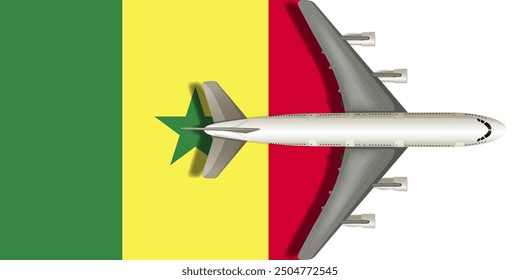 Senegal flag with airplane flying over it close up. Vector image.