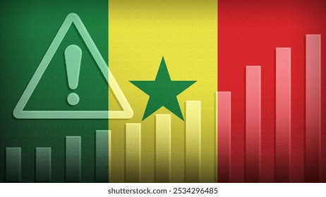 Senegal flag with burlap texture, warning sign, and rising bar chart symbolizing increasing risk or growth challenges in the country. Ideal for data presentations.