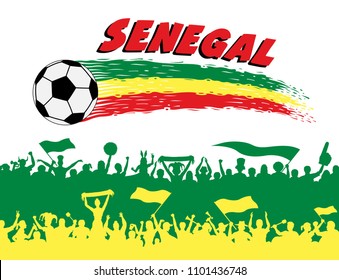 Senegal flag colors with soccer ball and Senegalese supporters silhouettes. All the objects, brush strokes and silhouettes are in different layers and the text types do not need any font. 