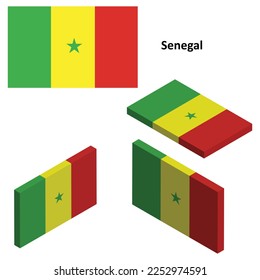 Senegal flag, Country flag, vector set of isometric flat icons, 3D style, different views. Design elements for banners, websites, presentations, infographics, map