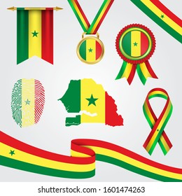 Senegal Flag in Different Shapes With Map & Pennant & Medal & Ribbon & Fingerprint