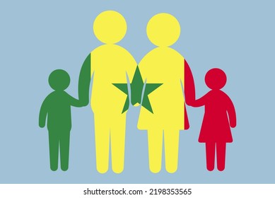 Senegal flag with family concept, vector element, parent and kids holding hands, immigrant idea, happy family with Senegal flag, flat design asset