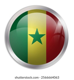 Senegal flag - glossy circle button displays a colorful flag representing a country cultural identity and heritage. The essence of national pride and unity.