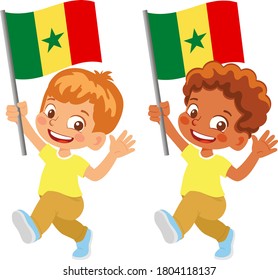 Senegal flag in hand. Children holding flag. National flag of Senegal vector