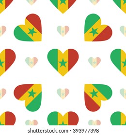 Senegal flag heart seamless pattern. Patriotic Senegal flag background. Country flag in the shape of heart. Vector seamless pattern.