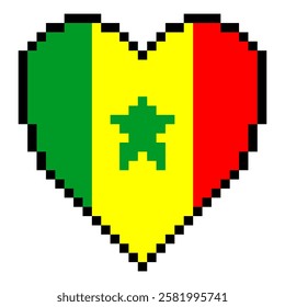 Senegal flag with heart shape in pixel art style