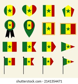 Senegal flag icon set in 16 shape versions. Collection of Senegal flag icons with square, circle, heart, triangle, medal, stamp and location shapes.