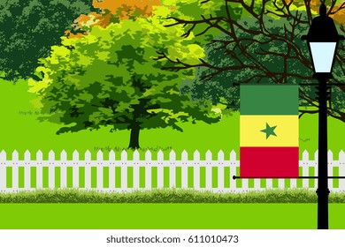 Senegal Flag, Landscape of Park, Trees, Fence wooden and Street light Illustration 